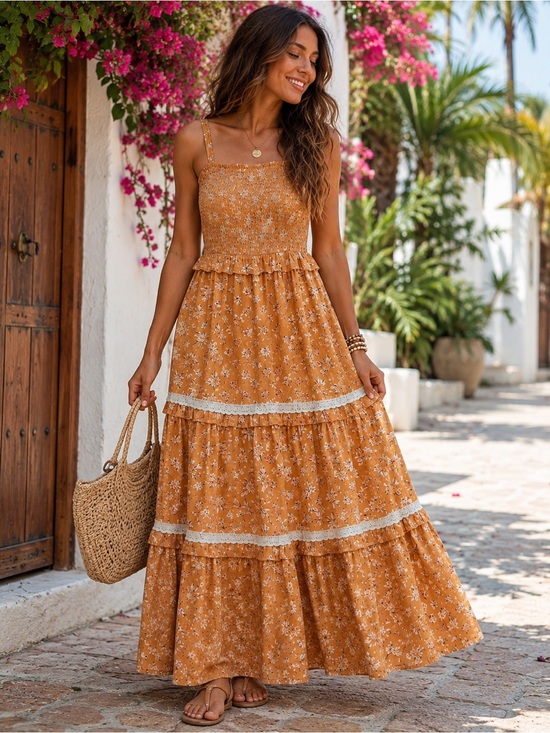 Universal Thread Dresses & Skirts - Universal Thread Mustard Floral Tiered Maxi Dress